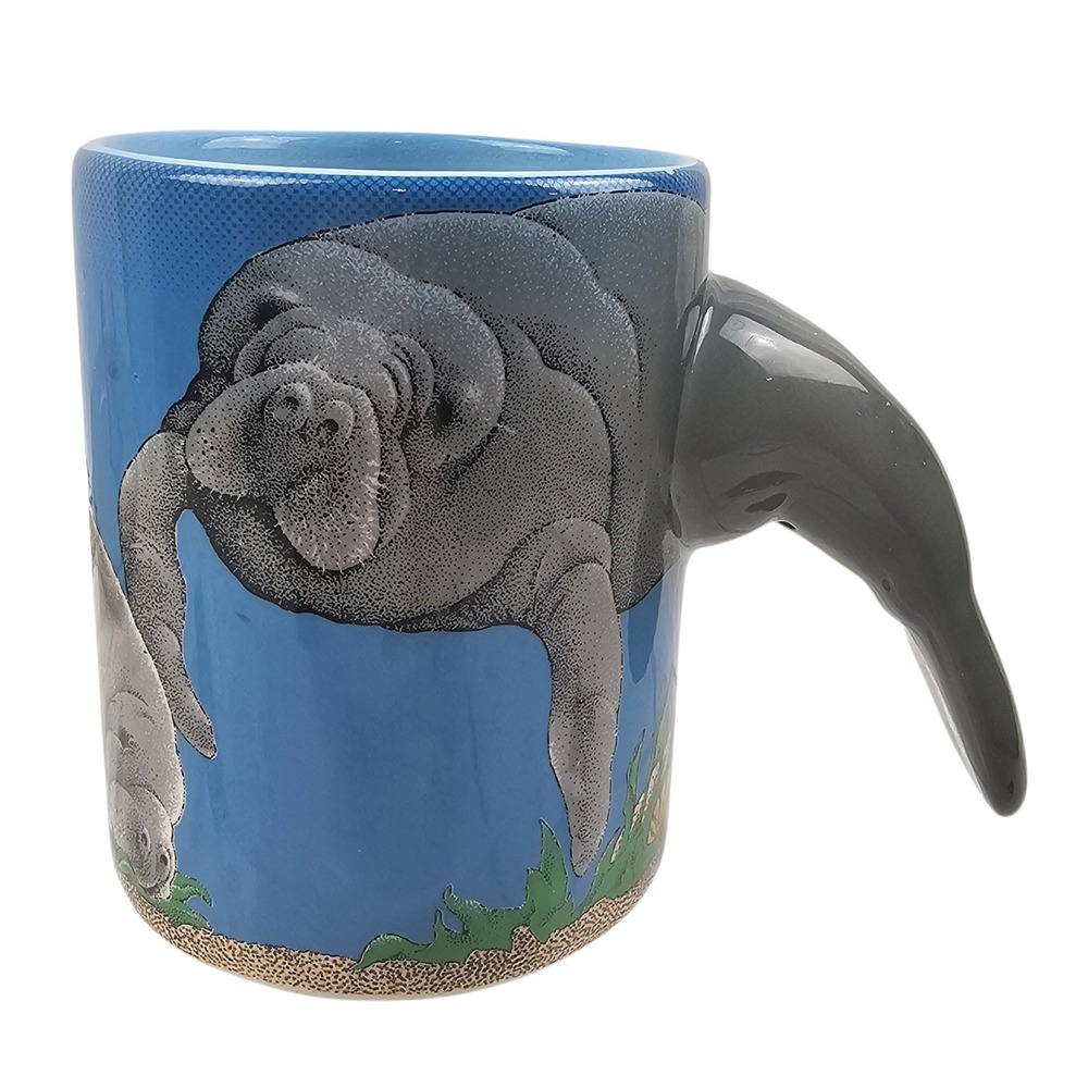 Vintage 1992 Sarsaparilla Manatee Mug 3D Tail Handle Underwater Scene Blue 4in